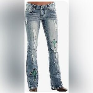 Flamingals Cross Embroidery Studded distressed Low Waist Bootcut Jeans